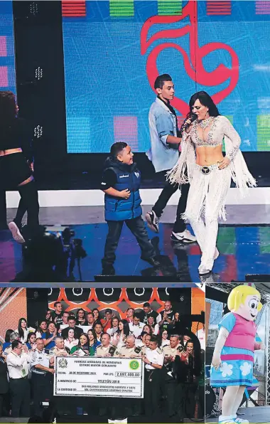  ??  ?? Maribel Guardia con su belleza y energía encantó a los presentes y motivó a seguir donando. Los clubes Olimpia y Motagua llegaron con 100,000 lempiras cada uno, antes de la final. Afuera del gimnasio del Instituto San Miguel se vivió un día de alegría y solidarida­d.