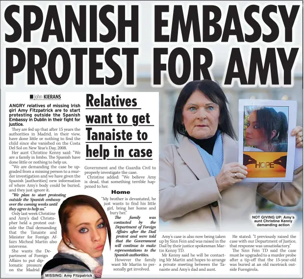  ?? ?? MISSING: Amy Fitzpatric­k
NOT GIVING UP: Amy’s aunt Christine Kenny demanding action