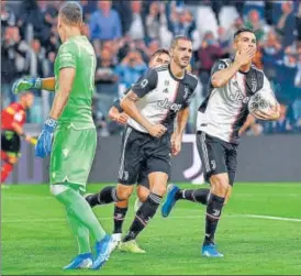  ?? AP ?? Juventus' Cristiano Ronaldo celebrates after converting a penalty against Verona.