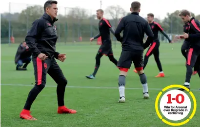  ?? Reuters ?? Win for Arsenal over Belgrade in earlier leg Arsenal players including Alexis Sanchez (left) during a training session ahead of the Europa League tie against Red Star. —