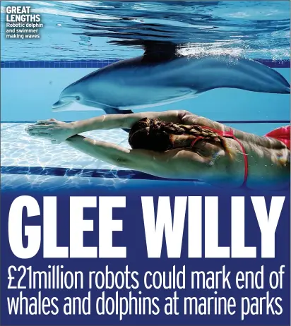  ??  ?? GREAT LENGTHS Robotic dolphin and swimmer making waves