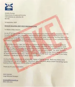  ?? NS LANDS FORESTRY / TWITTER ?? A letter from the Nova Scotia government sent to residents to warn about a pack of wolves on the loose in the province. The letter was a forgery by Canadian
military personnel as part of a training mission.