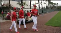  ?? THE ASSOCIATED PRESS FILE ?? The Phillies’ (from left) Andrew Knapp, Aaron Nola and Victor Arano walk onto the infield at Spectrum Field, their spring training complex in Clearwater, Fla. last year.