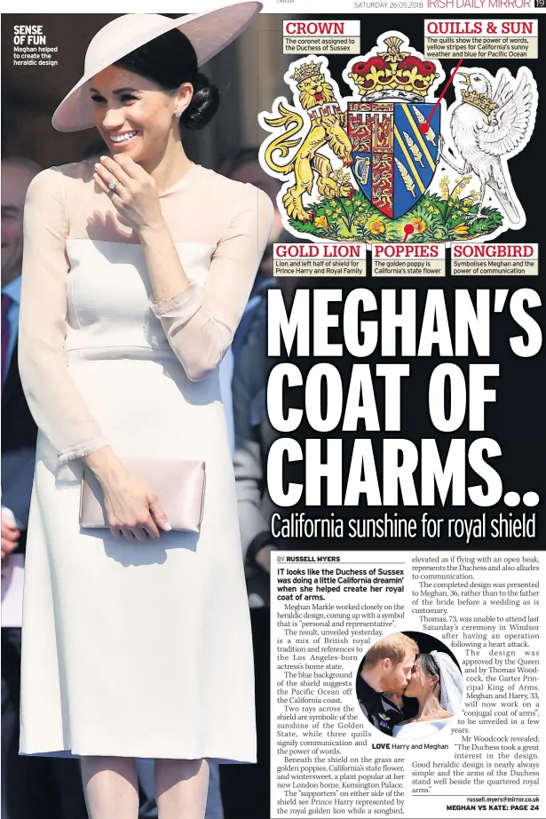  ??  ?? SENSE OF FUN Meghan helped to create the heraldic design CROWN The coronet assigned to the Duchess of Sussex GOLD LION Lion and left half of shield for Prince Harry and Royal Family QUILLS & SUN The quills show the power of words, yellow stripes for...