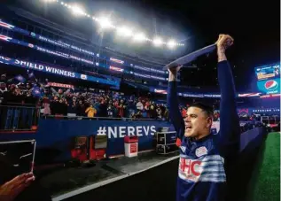  ?? STAN GROSSFELD/GLOBE STAFF ?? Gustavo Bou celebrated after the Revolution clinched the best record in MLS last season.