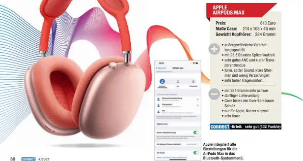  ??  ?? -Urteil: sehr gut (432 Punkte)
Apple integriert alle Einstellun­gen für die AirPods Max in das Bluetooth-Systemmenü.