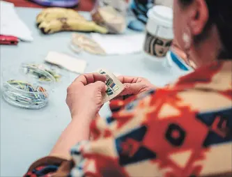  ?? SHRESTHART­H GHOSH
THE CANADIAN PRESS HANDOUT PHOTO ?? Women take part in a porcupine quilling workshop at the Indigenous Arts Conference in Ottawa in March. The conference was set up with $25,000 from the Indigenous Culture Fund, which Ontario has now eliminated.