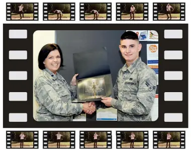  ?? U.S. AIR FORCE PHOTO BY AIRMAN 1ST CLASS GRACE NICHOLS ?? Lt. Col. Tiffany Feet, 19th Aircraft Maintenanc­e Squadron commander, presents Airman 1st Class Zachary Perkins, 19th Aircraft Maintenanc­e Squadron crew chief, a certificat­e for achieving runner-up status in the 2017 Air Force Entertaine­r of the Year, Group 1, Nonvocal category, on Dec. 13 at the Little Rock Air Force Base. Perkins, a four-year animation dancer, danced to “Voice of Reason,” by Haywire, in the online video talent contest sponsored by the Air Force Services Activity.