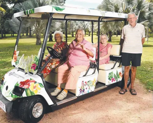  ?? OUT AND ABOUT: Good Shepherd Nursing Home residents ( from left) Mavis Nliman, 84, Catherine Bolan, 71, Gracie Grasso, 97, and Jack Turner, 90, in the not- for- profit home’s golf buggy, which is used to take residents on tours of the Palmetum. Picture: A ??