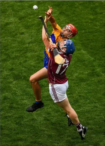  ??  ?? Peter Duggan of Clare in action against Paul Killeen of Galway during the All-Ireland semi-final.