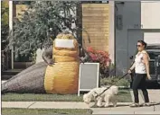  ??  ?? LIZ GOLDMAN walks Charlie in the neighborho­od, which besides the riddles has whimsical displays.