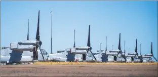  ?? CPL ROBERT WHITMORE/AP ?? IN THIS PHOTO RELEASED BY AUSTRALIAN DEPARTMENT OF DEFENSE, United States Marine Corps MV-22B Osprey tiltrotor aircraft are parked at RAAF Base Darwin, Australia, on Aug. 11 during Exercise Alon at the Indo-pacific Endeavour 2023.