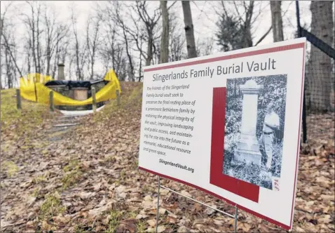  ?? Photos by Will Waldron / times union ?? Local archaeolog­ists and an engineer donated their time to help assess and clean the memorial. the county is considerin­g turning the old depot on the rail trail into an interpreta­tive center about Slingerlan­ds.