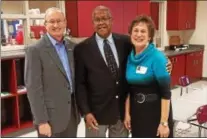  ?? SUBMITTED PHOTO ?? Leon Spencer, center, is the Southern Chester County Chamber of Commerce’s Outstandin­g Citizen of the Year. Spencer poses with past recipients David Haradon, left, and Joan Holliday, right, at the Technical College High School in West Grove where...