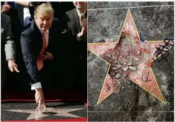  ??  ?? This combinatio­n photo shows Donald Trump, producer of NBC's "The Apprentice," posing at a ceremony honoring him with a star on the Hollywood Walk of Fame in Los Angeles on Jan. 16, 2007, left, and Trump's star after it was vandalized on Wednesday,...