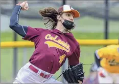  ?? Photos by James Franco / Special to the Times Union ?? Colonie starting pitcher Gio Conte delivers during a game at Ballston Spa on Saturday. At left, Ballston Spa head baseball coach Curtis Nobles.