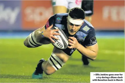  ??  ?? > Ellis Jenkins goes over for a try during a Blues clash with Benetton back in March