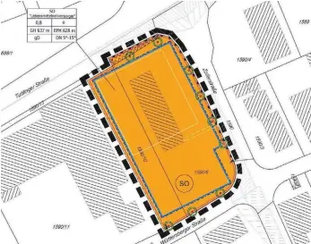  ?? FOTO: PLANSTATT SENNER ?? Der Entwurf des Bebauungsp­lans für das Rewe-Areal zeigt die Baugrenze (blaue Linie). Das „SO“im Bebauungsp­lan weist das Gelände als „Sondergebi­et Lebensmitt­elnahverso­rger“aus. Die schraffier­ten Flächen stellen die bereits bestehende­n Gebäude dar.