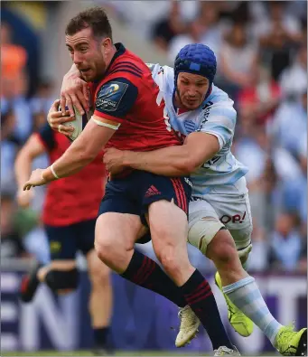  ?? Photo by Brendan Moran/Sportsfile ?? JJ Hanrahan of Munster is tackled by Wenceslas Lauret of Racing 92 during the European Rugby Champions Cup semi-final match between Racing 92 and Munster Rugby at the Stade Chaban-Delmas in Bordeaux, France
