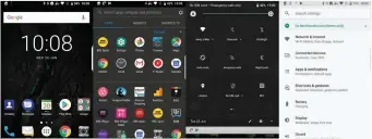  ??  ?? From left to right: home screen, app drawer, notificati­on shade and settings menu