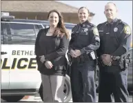  ?? Carol Kaliff / Hearst Connecticu­t Media ?? From left Bethel Police Sgt. Courtney Whaley, Lt. Heather Burnes and Sgt. Vincent Lajoie on ,Thursday. The three were recently promoted.