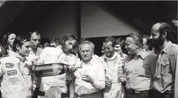  ??  ?? Above: Celebratin­g victory at Le Mans in 1977. Left to right are Jacky Ickx, Jürgen Barth, Ernst Fuhrmann, Hurley Heywood, Helmut Bott and Henri Pescarolo