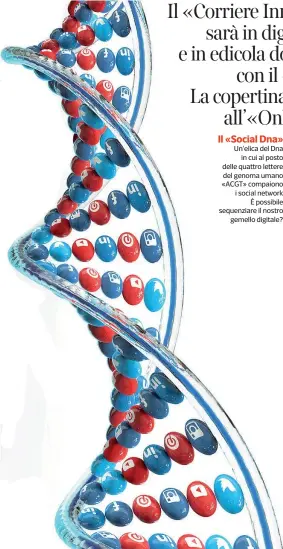  ??  ?? Il «Social Dna» Un’elica del Dna in cui al posto delle quattro lettere del genoma umano «ACGT» compaiono i social network È possibile sequenziar­e il nostro gemello digitale?