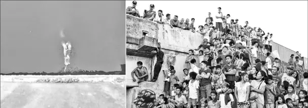  ??  ?? (Left) A body was found floating in the Estero de Vitas under a bridge in Tondo, Manila, last month. • (Right) Crowds gather at the scene where a body was found floating under a bridge in Tondo.