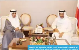  ??  ?? KUWAIT: His Highness Sheikh Jaber Al-Mubarak Al-Hamad AlSabah meets with Saleh Al-Fadhalah, head of the central agency dealing with the status of illegal residents. — KUNA