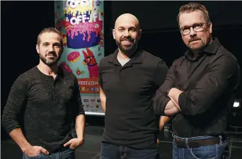  ??  ?? Christian Essiambre, André Roy et Luc LeBlanc incarnent les personnage­s principaux de la série Les Newbies. – Gracieuset­é