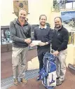  ??  ?? Comeback king: Danny Sugrue is presented with his prize by Cormac Flannery (left), General Manager at Killarney Golf &amp; Fishing Club, and Padraig Dooley (right)