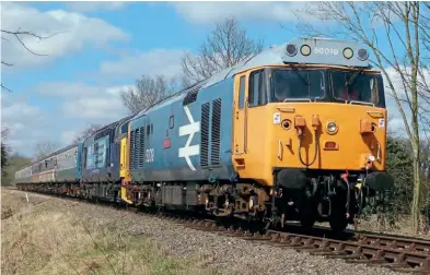  ?? Kevin Delaney ?? On April 6, 2013, not long before it was taken out of traffic, 50019 Ramillies leads visiting Direct Rail Services 37194 on a Midnorfolk Railway service from Dereham to Wymondham Abbey. Work on returning 50019 to service on the MNR is now being accelerate­d by the Class 50 Locomotive Associatio­n.