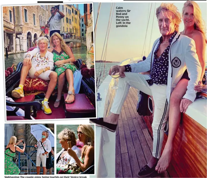  ??  ?? Sightseein­g: The couple enjoy being tourists on their Venice break Calm waters: Sir Rod and Penny on the yacht. Left: In the gondola