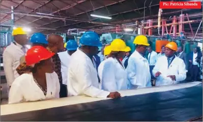  ?? Pic: Patricia Sibanda ?? Special Advisor to the President Joram Gumbo (Second from right) listening to General Beltings (GB) Holdings managing director Joseph Gunda (far right) as he explains processes at the factory