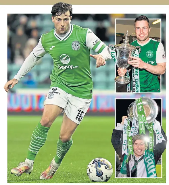  ?? ?? Lewis Stevenson in action for Hibs and with the 2017 Championsh­ip trophy, top right, and CIS Insurance Cup in 2007, above.