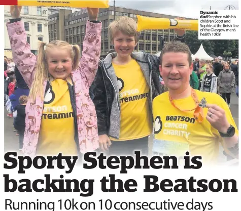  ??  ?? Dynamic dad Stephen with his children Scott and Sophie at the finish line of the Glasgow men’s health 10km