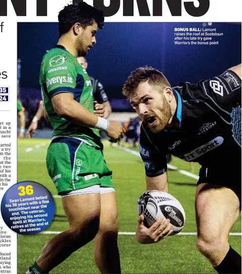  ??  ?? Lamont raises the roof at Scotstoun after his late try gave Warriors the bonus point BONUS BALL: