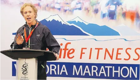  ??  ?? Former race director Rob Reid addresses the crowd at the kickoff news conference for the 2017 GoodLife Fitness Victoria Marathon on Friday at the Victoria Conference Centre.