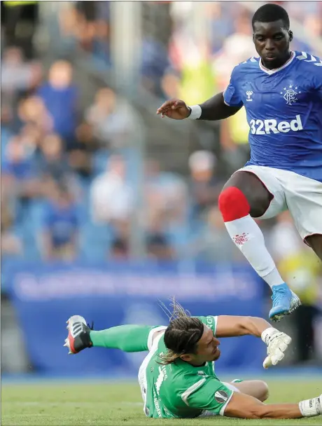  ??  ?? Sheyi Ojo is denied by Progres Niederkorn goalkeeper Sebastian Flauss on a frustratin­g night for the Rangers players