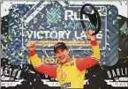  ?? James Gilbert / Getty Images ?? Joey Logano celebrates after winning the NASCAR Cup Series Goodyear 400 Sunday.