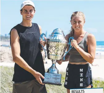  ??  ?? Burleigh Swim Run 2021 winners Brandon Copeland and Jaz Hedgeland. Picture: Korupt Vision