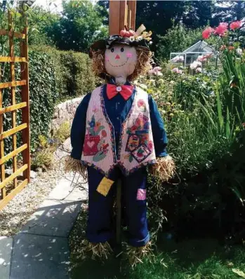  ??  ?? The silent sentinel, Seamus the Scarecrow, proudly keeping watch on the vegetables and apple tree.