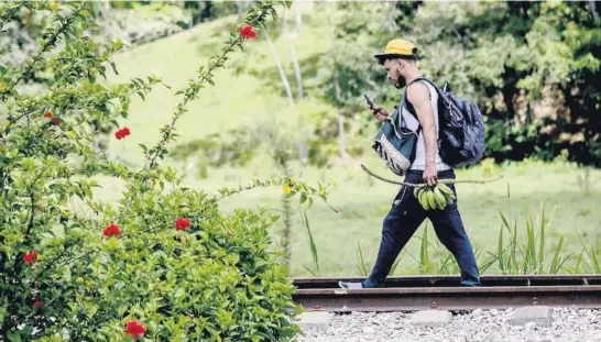  ?? Foto: Isabel Mateos / Cuartoscur­o. ?? > 29 de marzo de 2021. Migrante hondureño camina sobre las vías del tren, entre Salto de Agua y Macuspana.