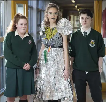  ??  ?? Junk Kouture Entries at St Kilians: Chloe McDonald, Weronika Roszczak and Eugene McAteer with their design ‘Hot Wired’