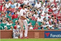  ?? JEFF ROBERSON/ASSOCIATED PRESS ?? The St. Louis Cardinals’ Paul DeJong watches his three-run homer during the eighth inning of Sunday’s game against the New York Yankees in St. Louis.