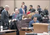  ?? MARK HUME/CHICAGO TRIBUNE ?? Ald. Jim Gardiner, 45th, left, chats with Ald. Patrick Daley Thompson, 11th, before Thursday’s City Council meeting at Chicago City Hall.