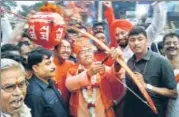  ?? HT ?? West Bengal BJP chief, Dilip Ghosh, poses with a bow and arrow during Ram Navami procession in Kharagpur on Sunday.