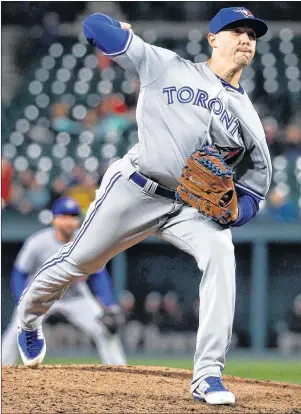  ?? AP PHOTO ?? Toronto Blue Jays starting pitcher Aaron Sanchez throws to a Baltimore Orioles batter during the eighth inning of Tuesday’s game in Baltimore. Sanchez threw a no-hitter through seven innings in a 2-1 win.