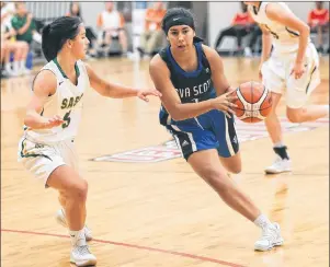  ?? TEAM NOVA SCOTIA PHOTO ?? Nalini Maharaj of East Bay, right, drives to the net during Nova Scotia’s women’s basketball game against Saskatchew­an at the 2017 Canada Games in Winnipeg, Wednesday. Saskatchew­an won, 61-47.