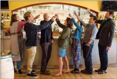  ?? DAVID LEE/ NETFLIX VIA AP ?? This image released by Netflix shows, from left, Annie Parisse, Nat Faxon, KeeganMich­ael Key, Cobie Smulders, Jae Suh Park, Fred Savage, Billy Eichner in "Friends From College," premiering on Friday.